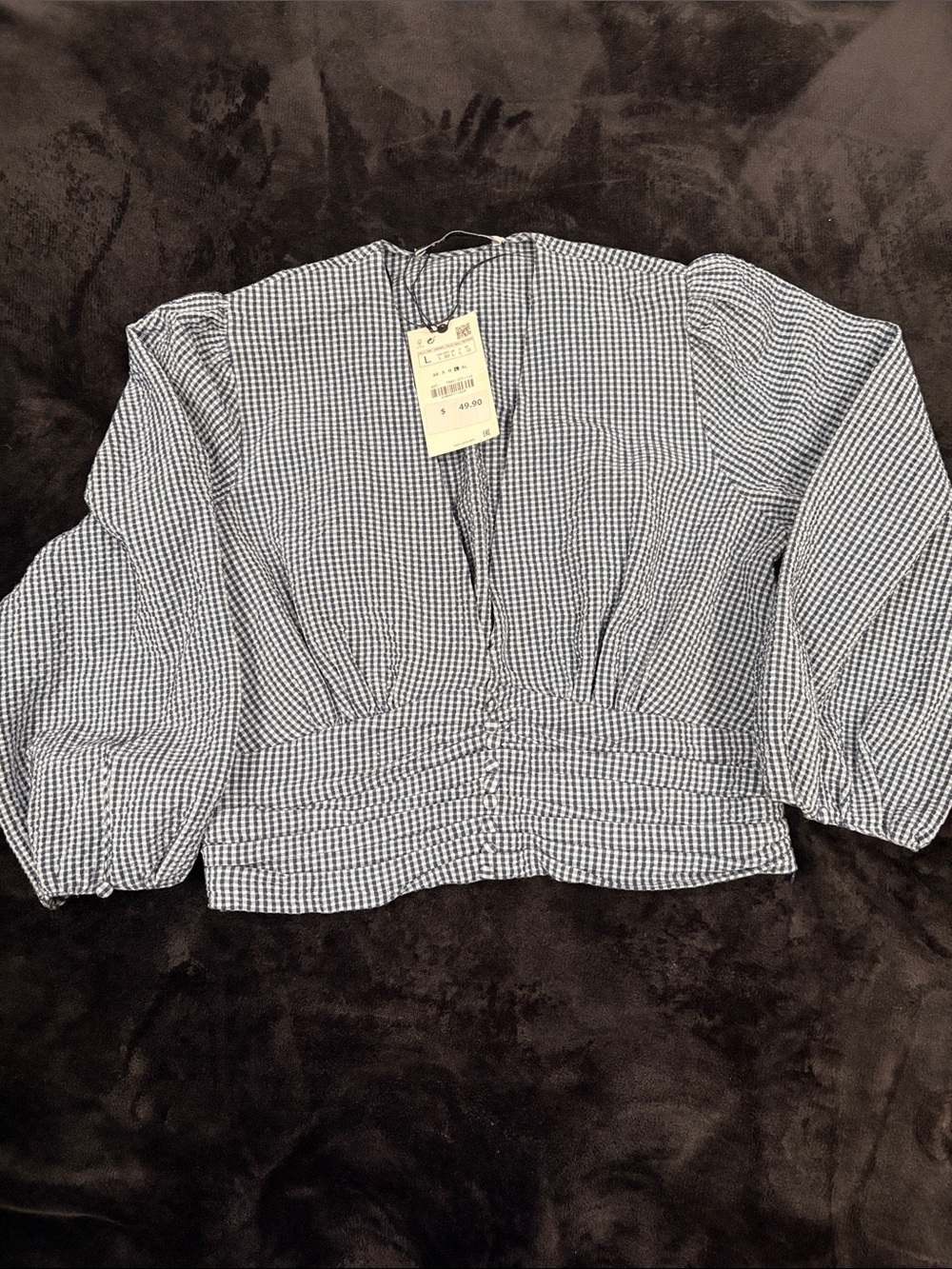 Zara Dark Blue & Light Blue Gingham Puff-Sleeve Crop Top